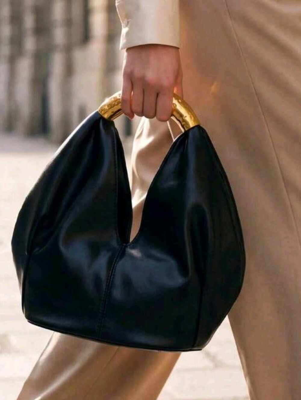 Elegant Black Leather Hobo Bag with Gold Handle